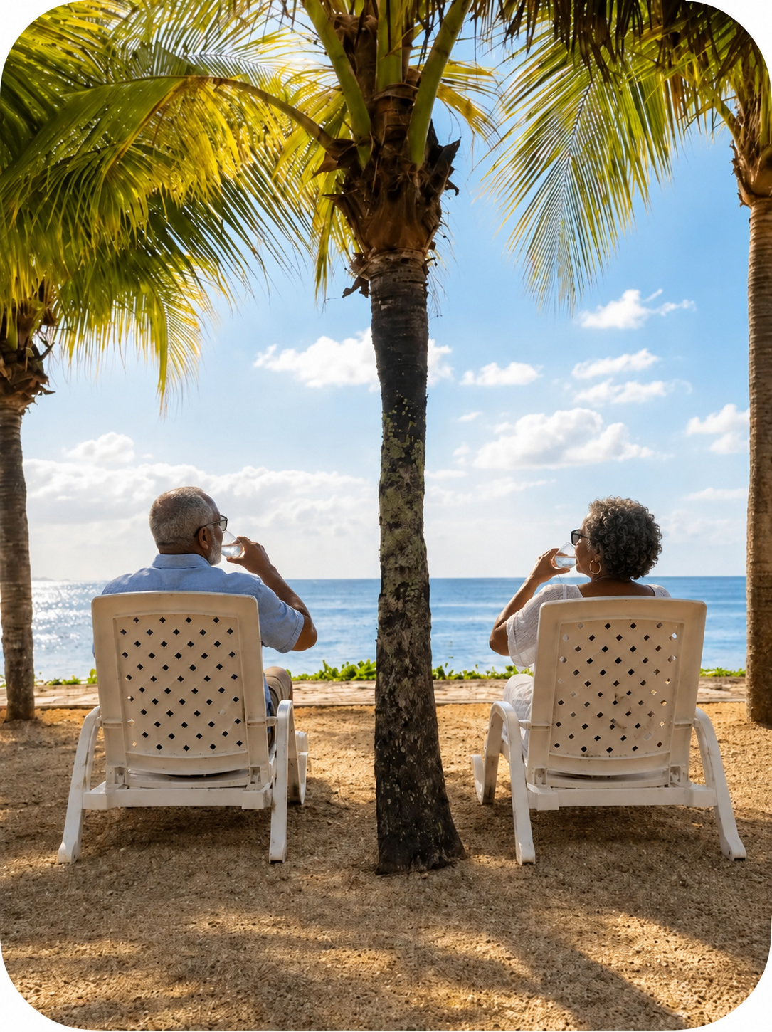 Black senior couple relaxing together beside Golden Beach